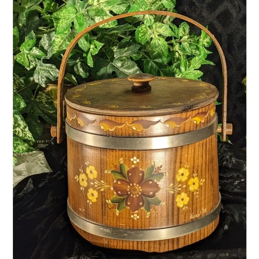 Vintage Norwegian Rosemaling Ice Bucket Hand Paint Signed Folk Art Tole Wood COA
